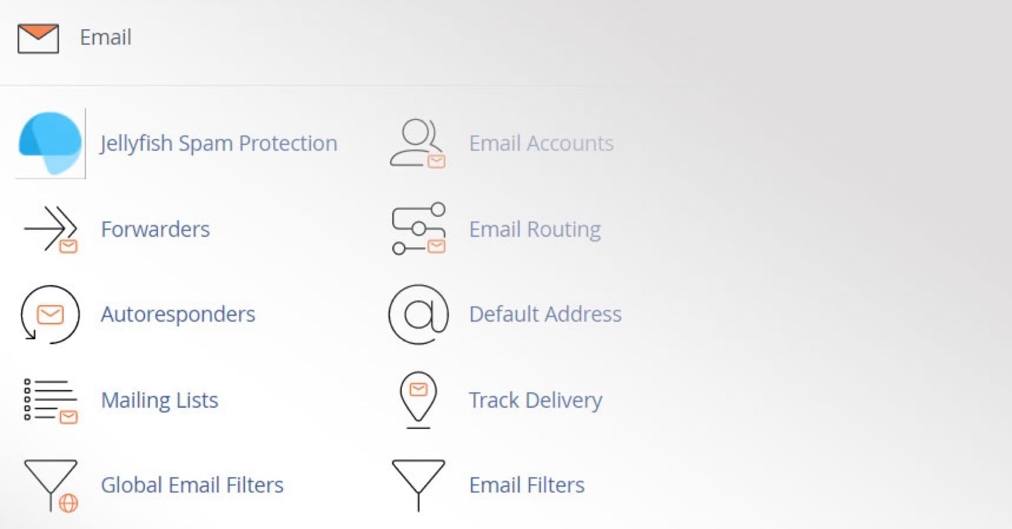 Email management options including accounts, forwarders, autoresponders, routing and filters