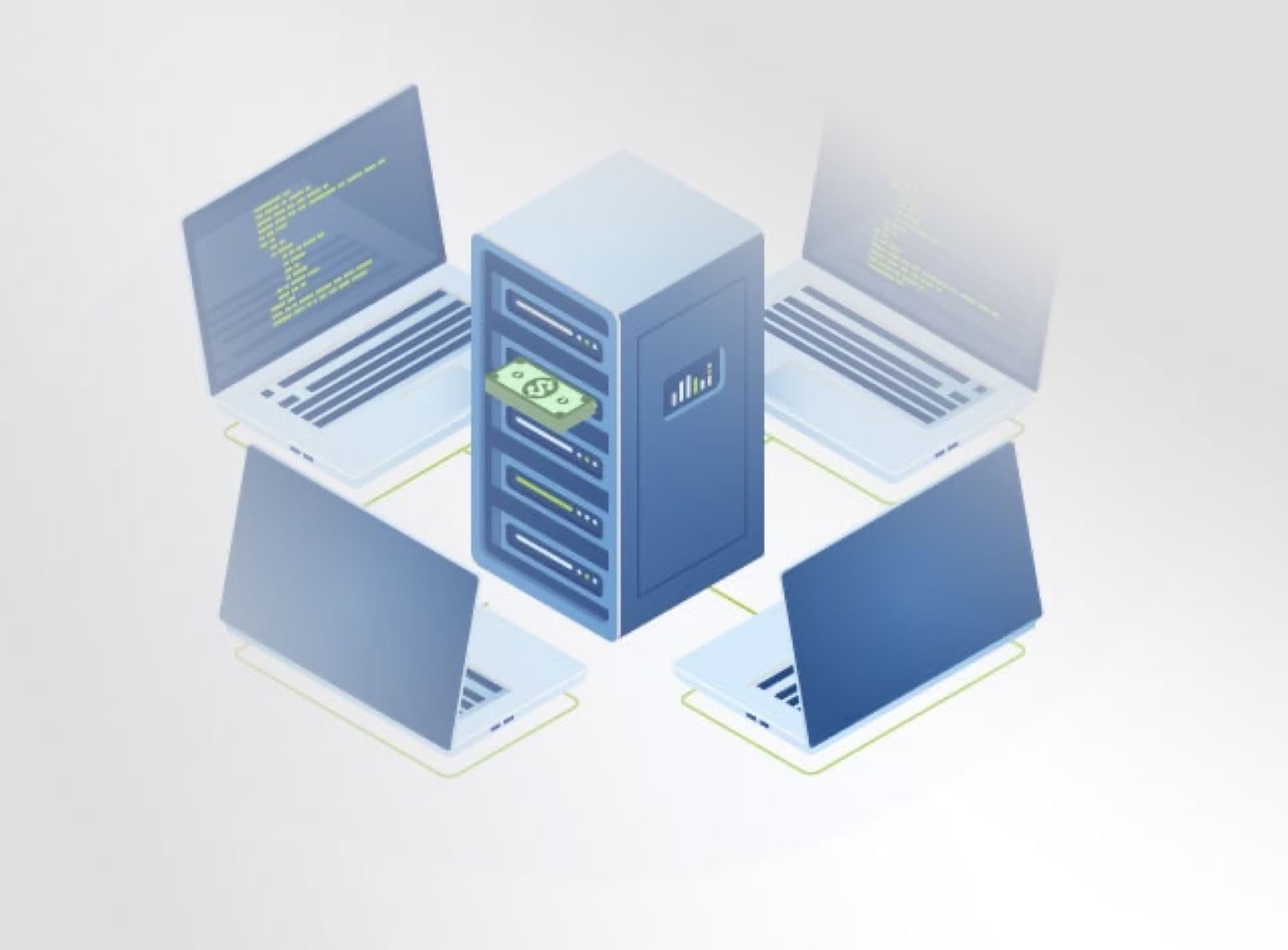 An illustration of a storage server connected to several laptops