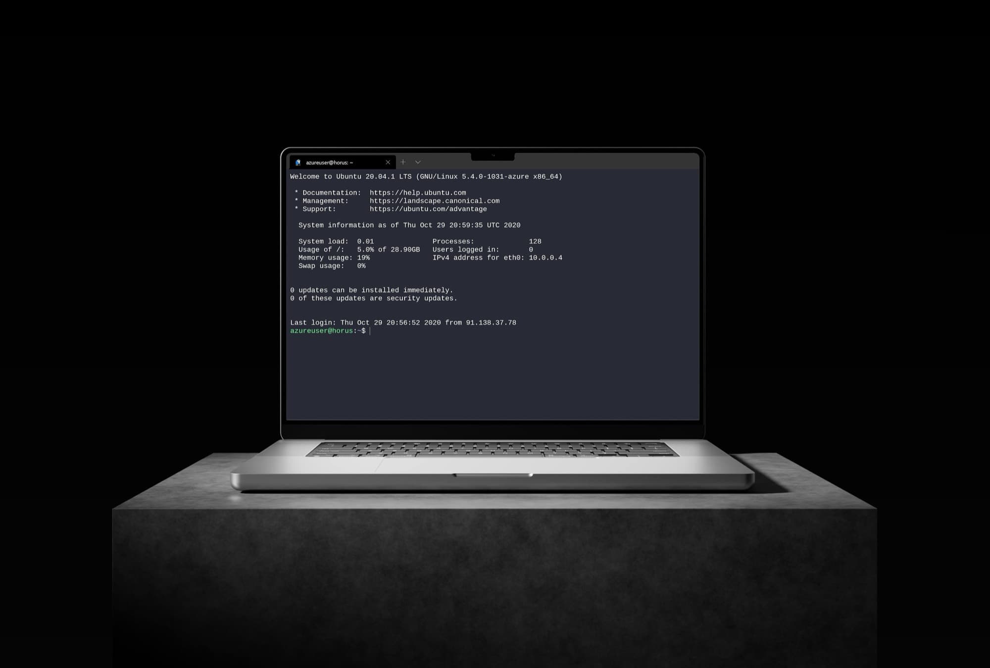 A laptop displaying a terminal session on an Ubuntu server