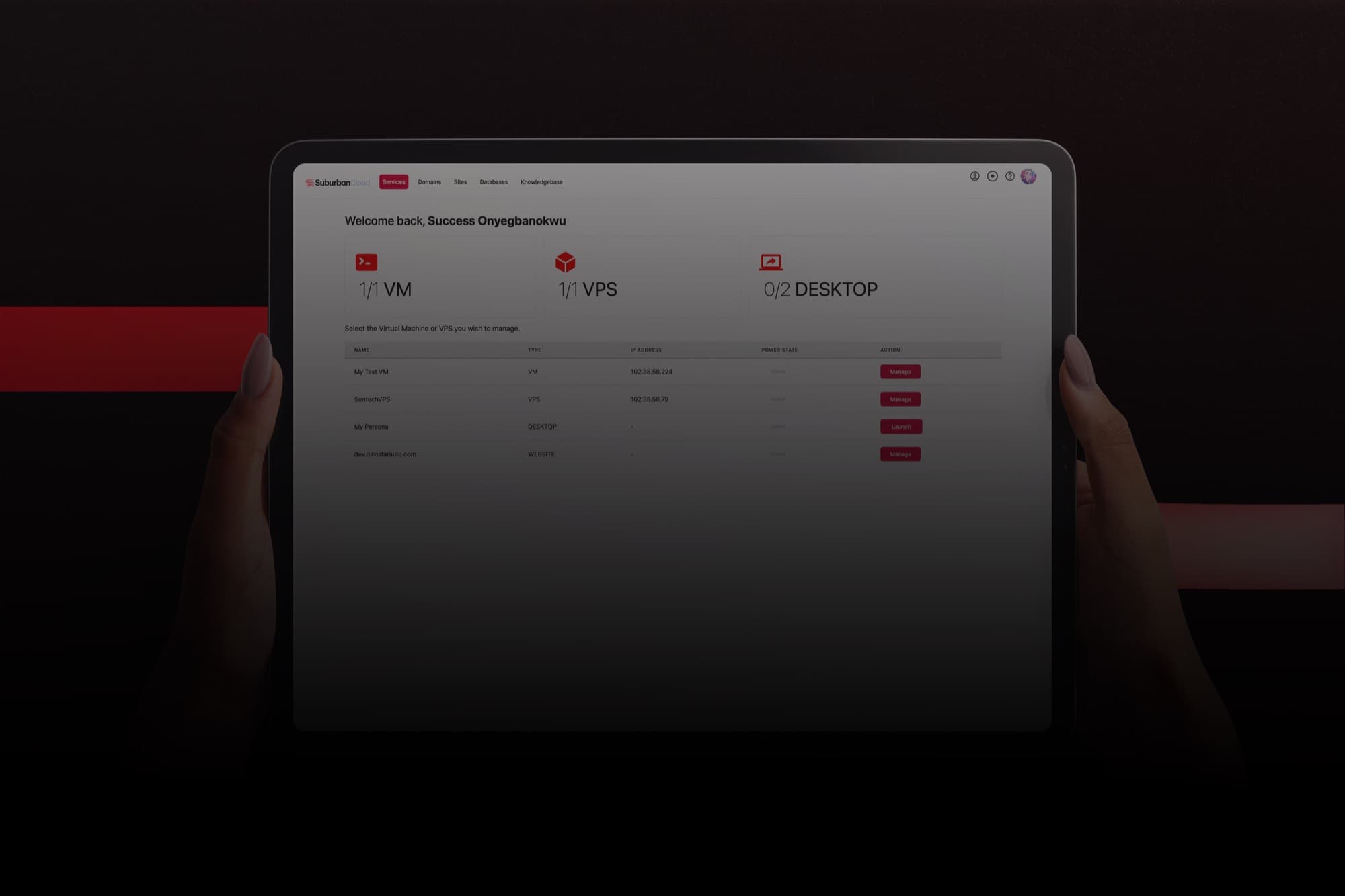The Suburban Cloud console displayed on a tablet